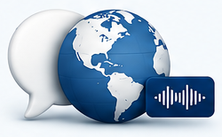 Care Language Framework: globe, speech bubble and audio illustration